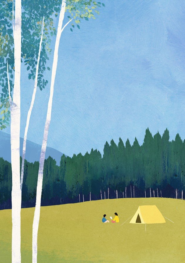 Two people sitting under birch trees with a tent in a forested area. framed