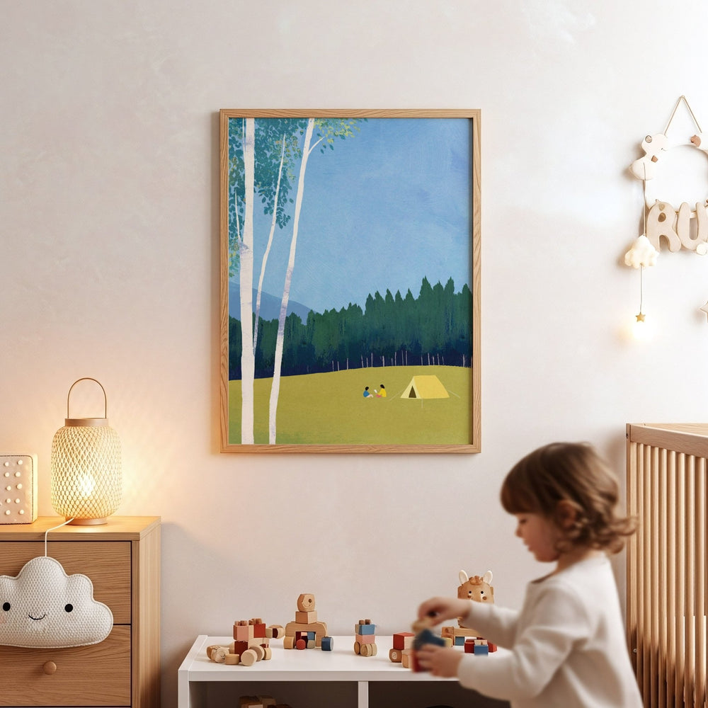 Child playing with toys in a room with a nature print on the wall.