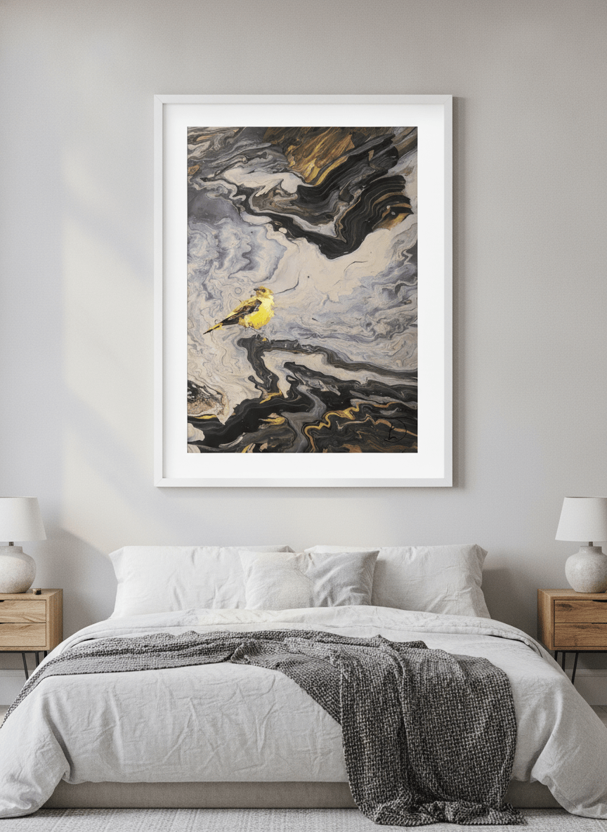 Minimalist artwork displayed in a calm, light-filled bedroom interior