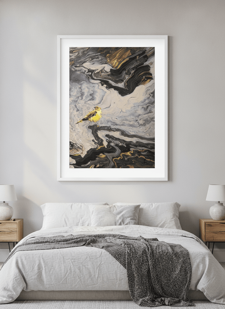 Minimalist artwork displayed in a calm, light-filled bedroom interior