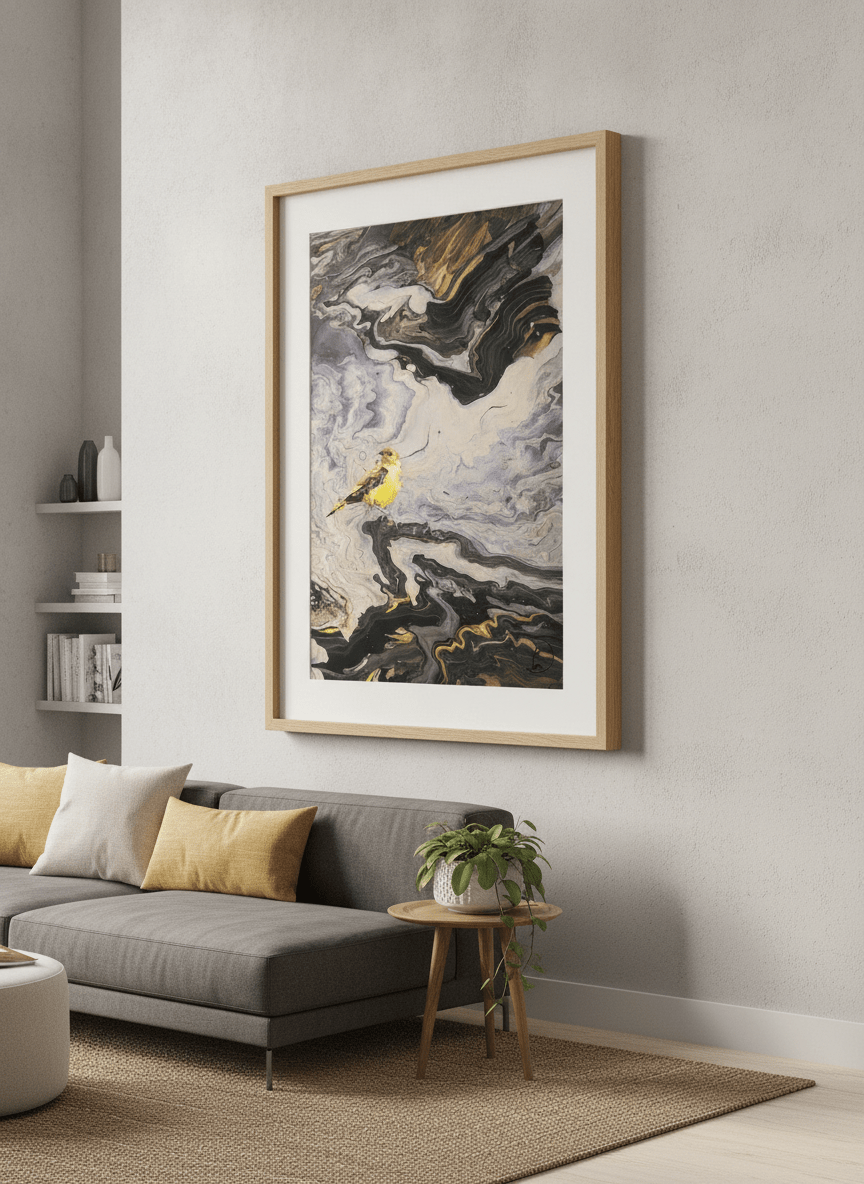 Modern wall art styled above a sofa in a neutral living room