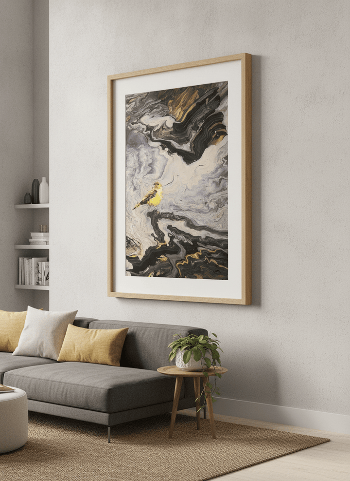 Modern wall art styled above a sofa in a neutral living room