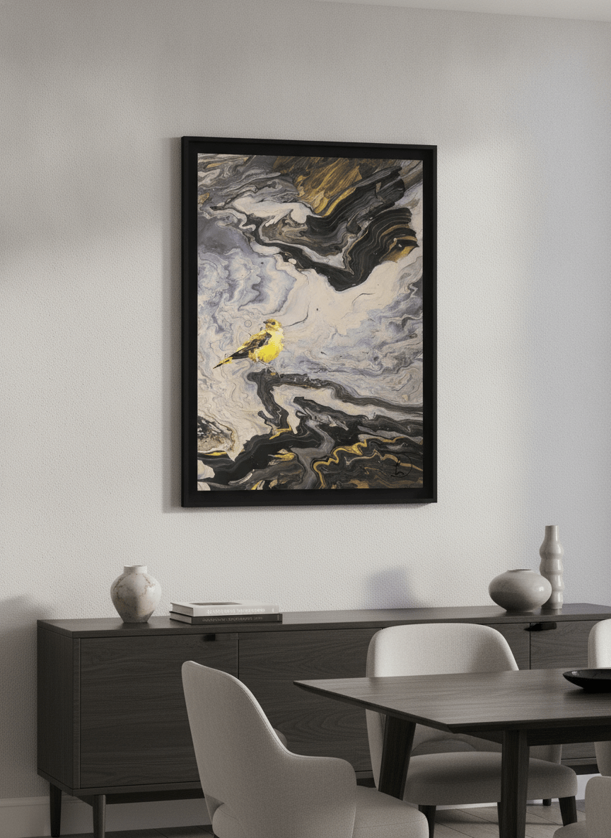 Wall art styled above a dining table in a contemporary home
