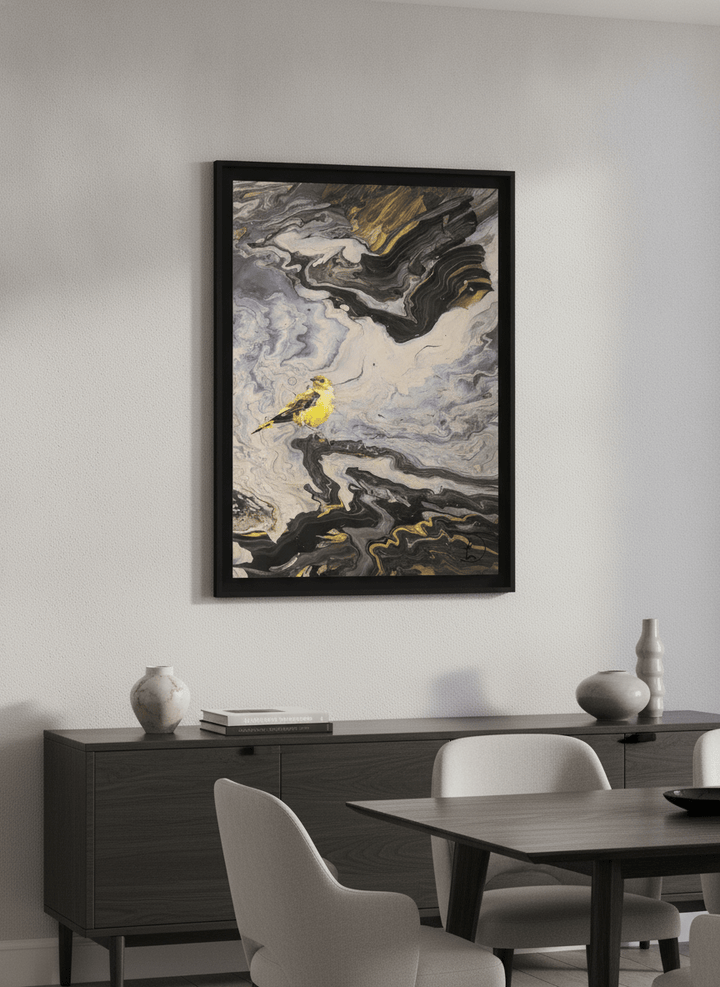Wall art styled above a dining table in a contemporary home
