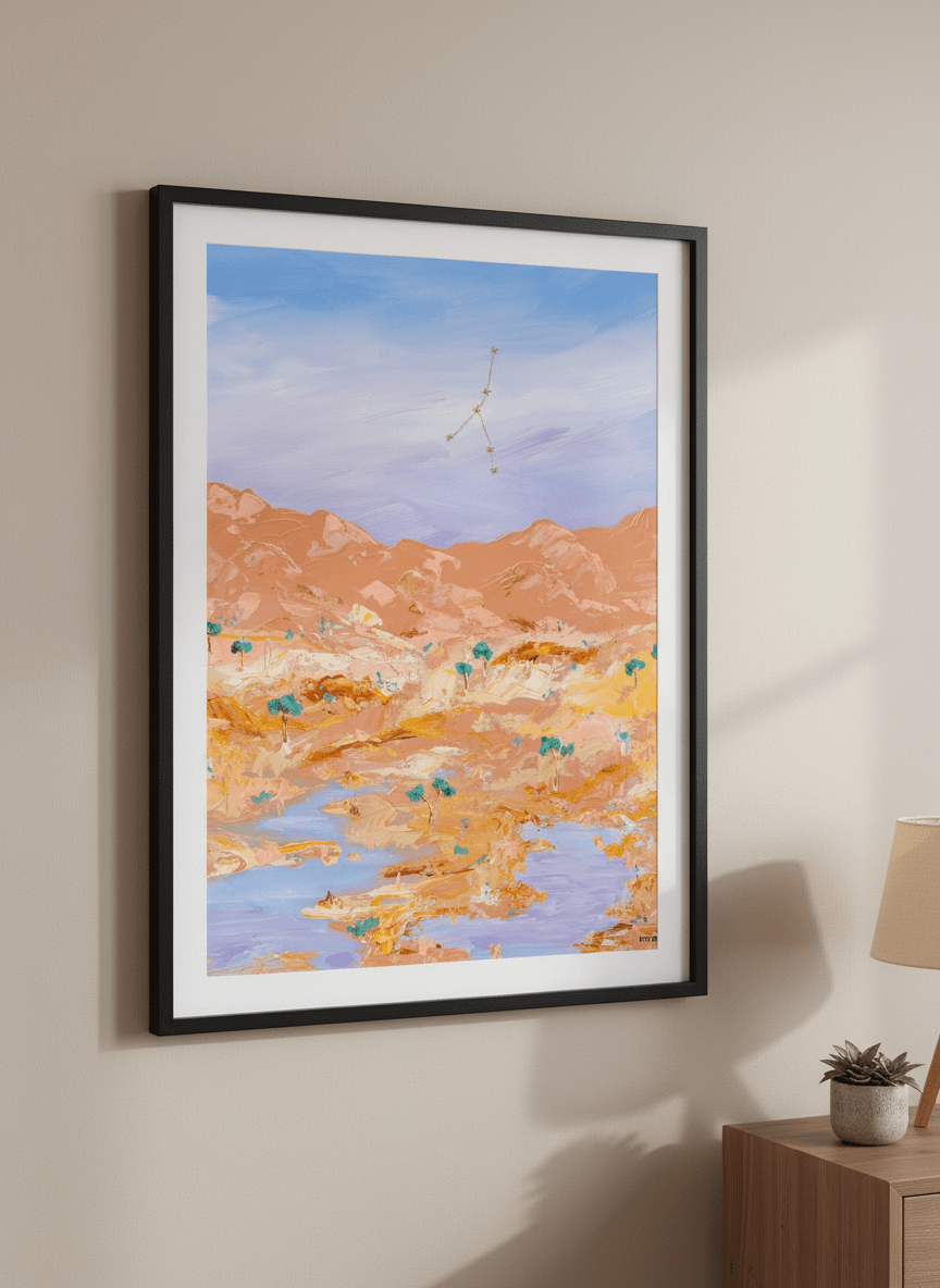 Minimalist artwork displayed in a calm, light-filled bedroom interior