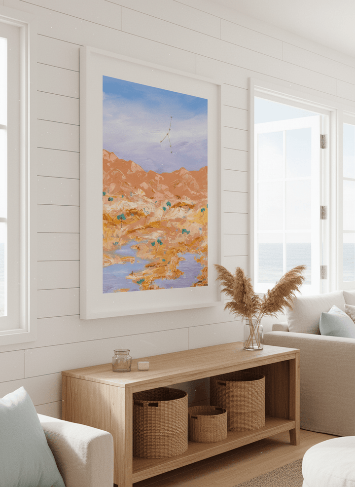 Neutral wall art displayed in a sunny coastal beach house