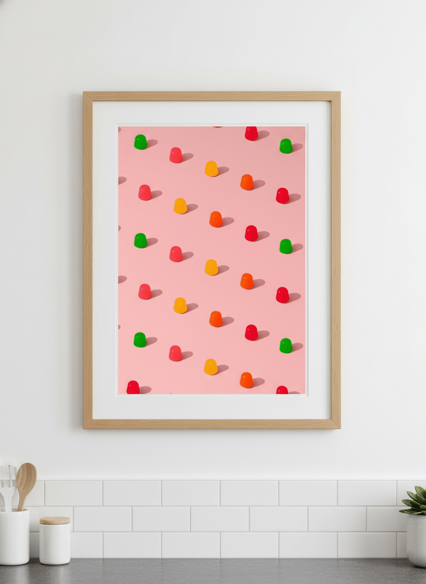 Artwork styled on the wall of a bright modern kitchen