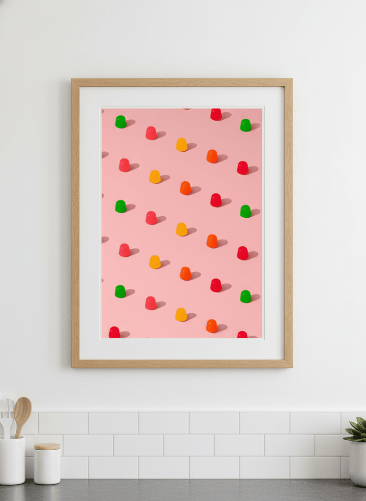 Artwork styled on the wall of a bright modern kitchen
