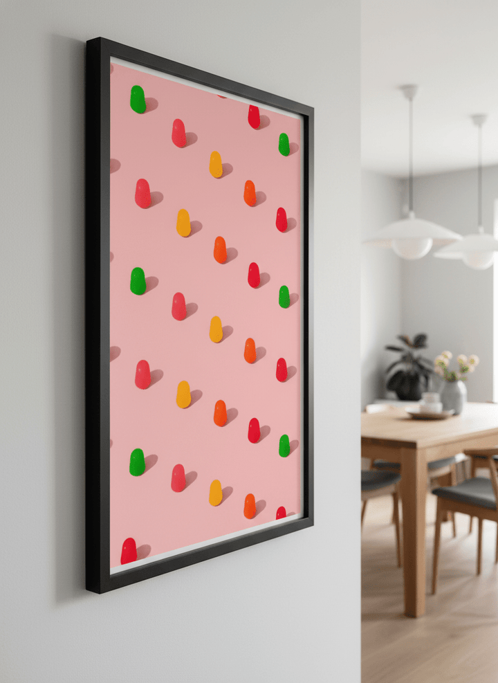 Wall art styled above a dining table in a contemporary home