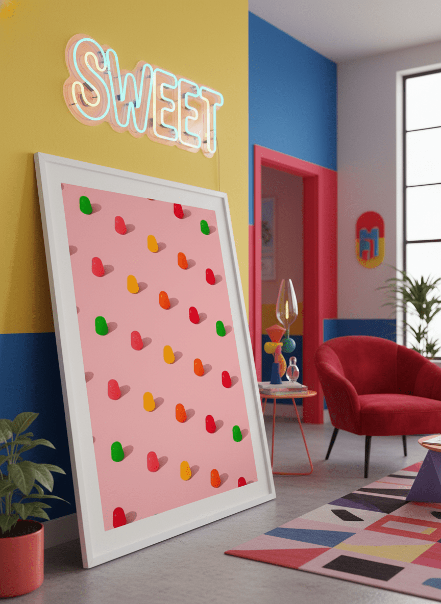 Bold wall art styled in a colourful, eclectic modern home