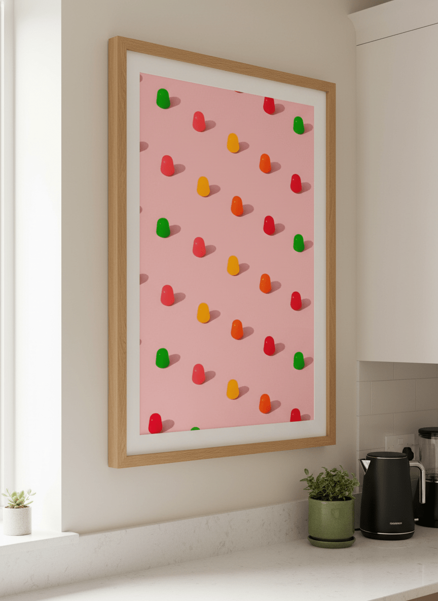 Artwork styled on the wall of a bright modern kitchen