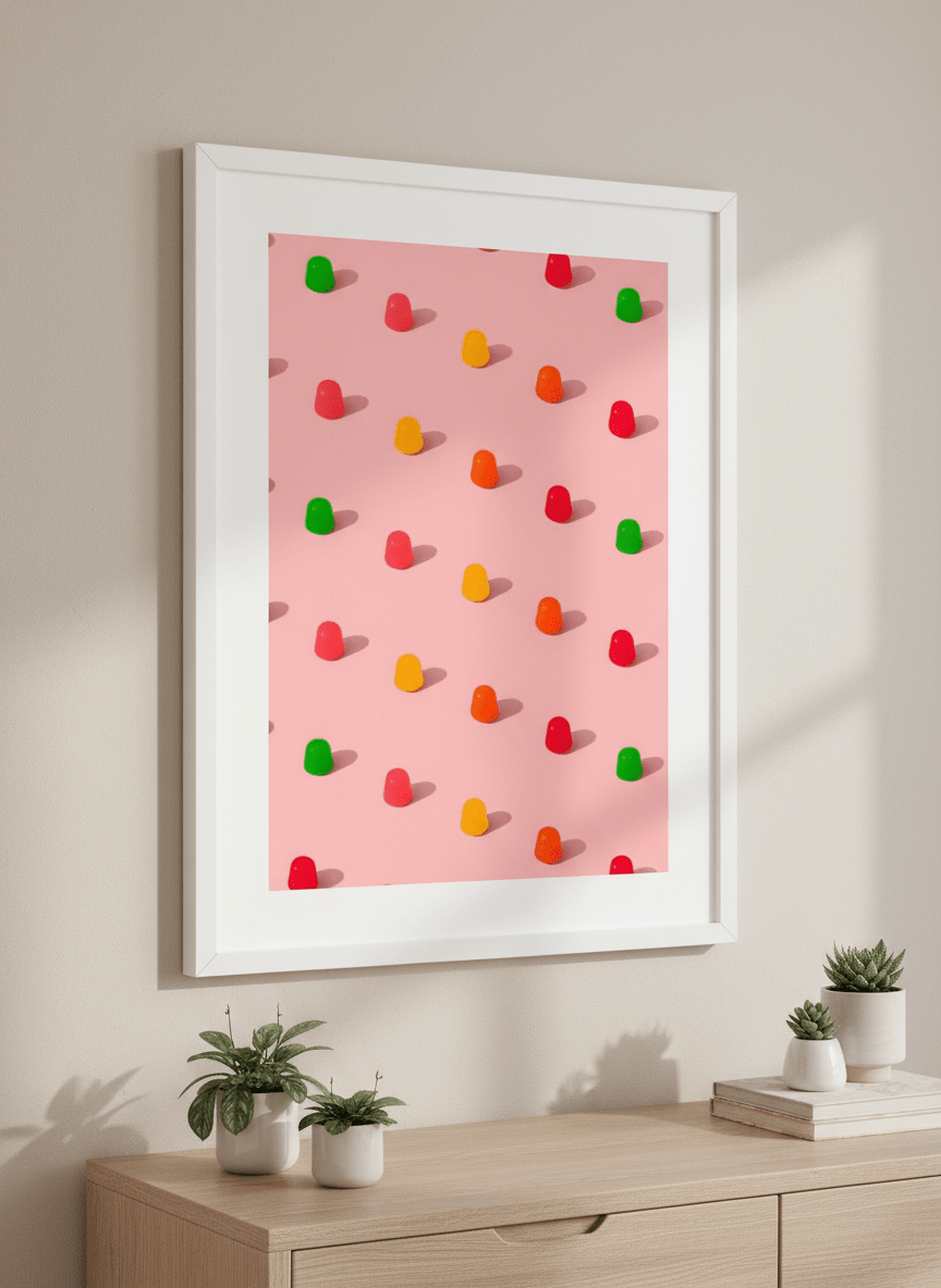 Minimalist artwork displayed in a calm, light-filled bedroom interior