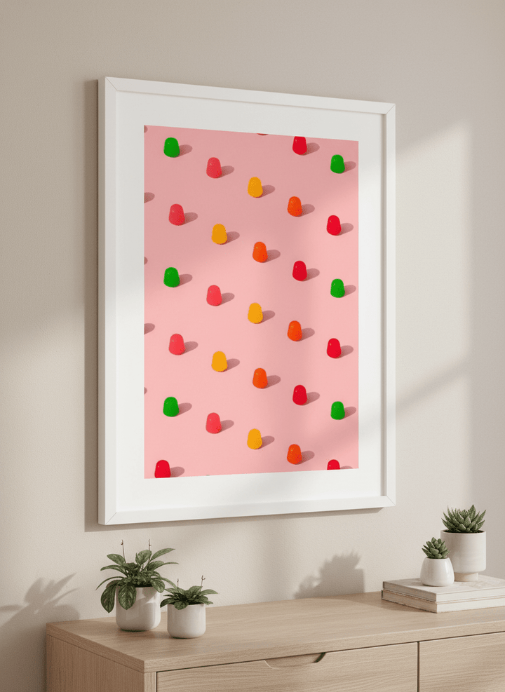 Minimalist artwork displayed in a calm, light-filled bedroom interior