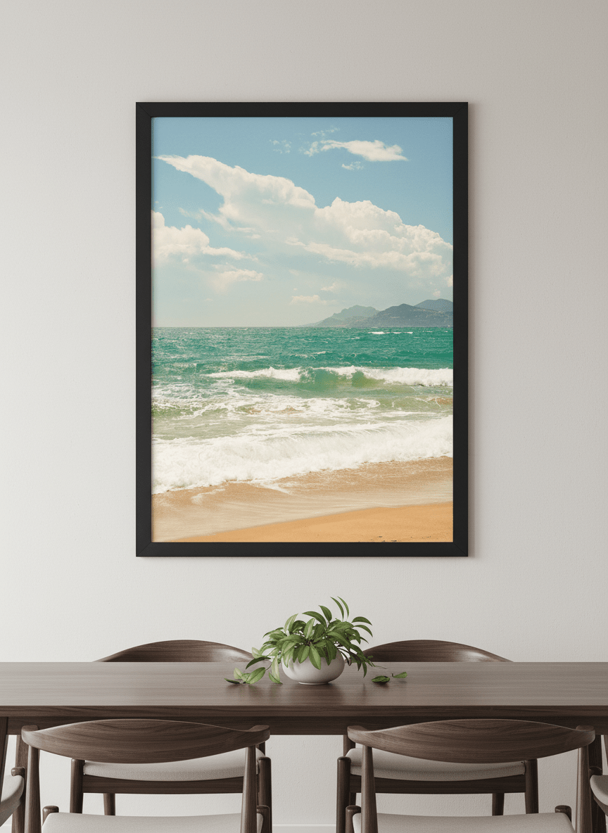 Wall art styled above a dining table in a contemporary home