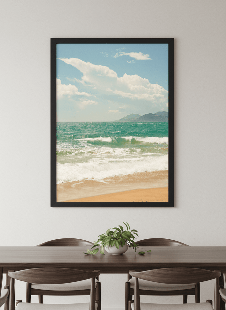 Wall art styled above a dining table in a contemporary home
