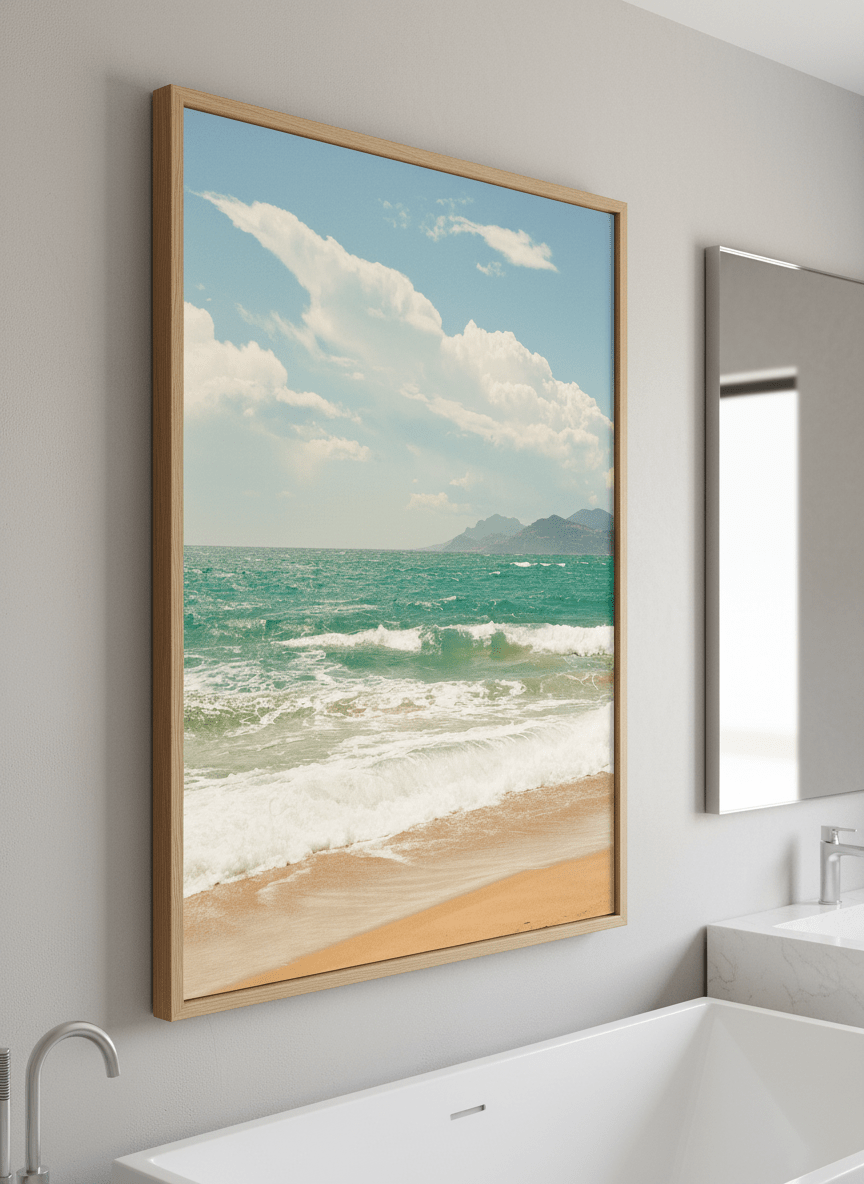 Modern print displayed in a clean minimalist bathroom setting
