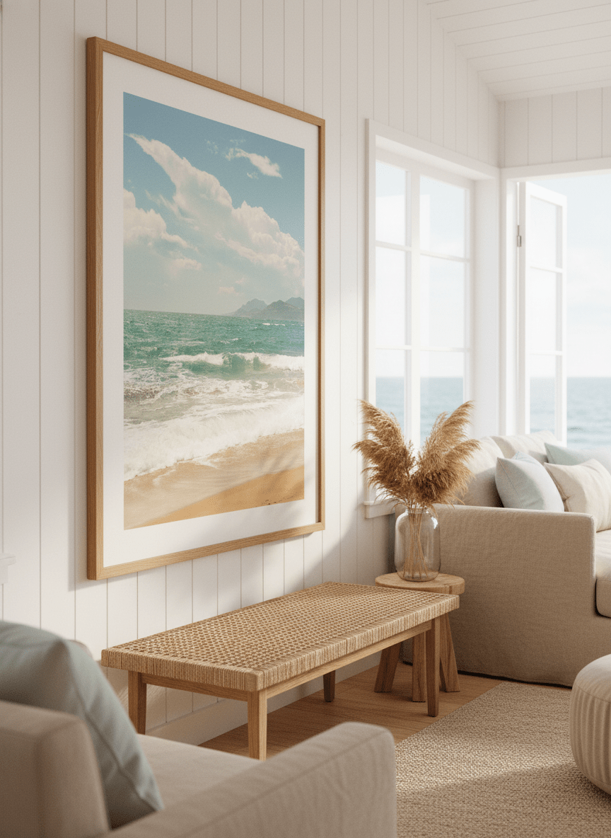 Neutral wall art displayed in a sunny coastal beach house