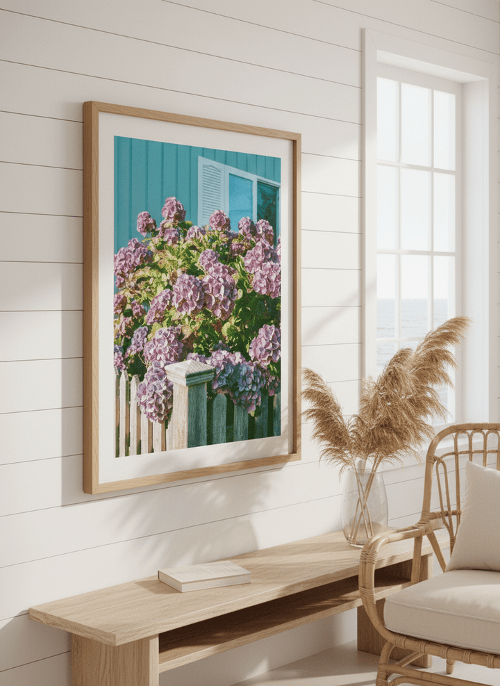 Neutral wall art displayed in a sunny coastal beach house