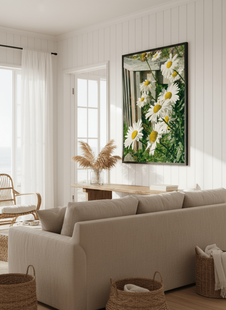 Neutral wall art displayed in a sunny coastal beach house