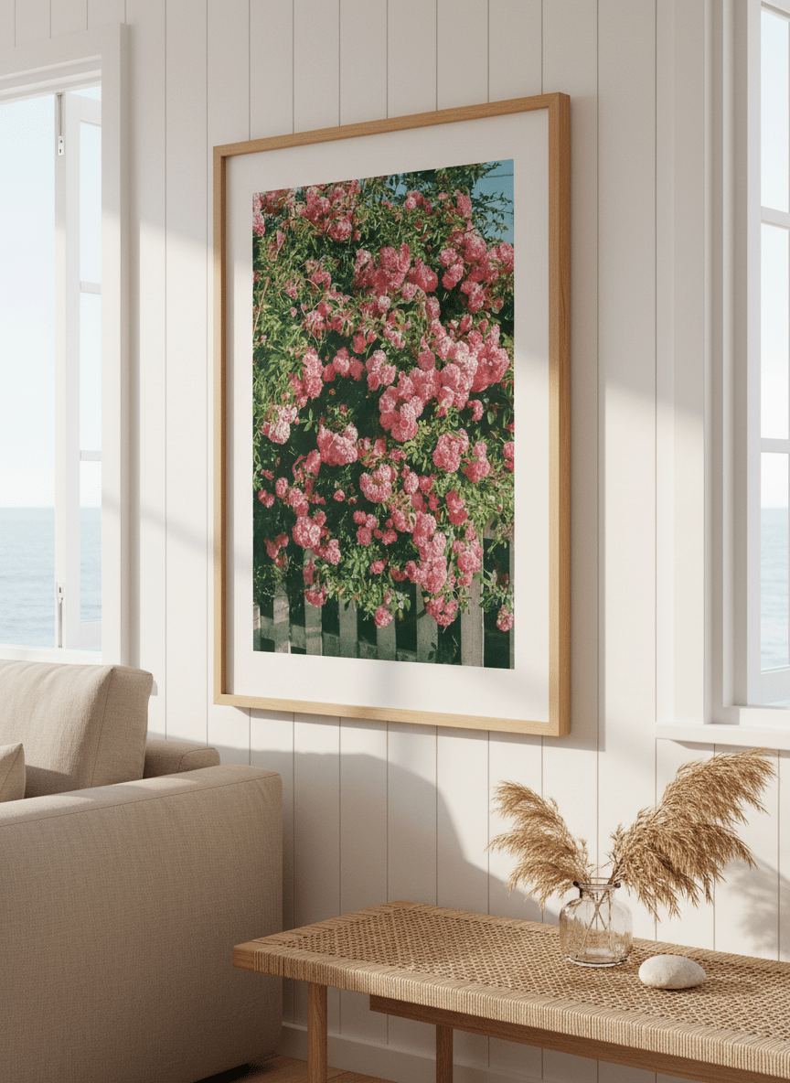 Neutral wall art displayed in a sunny coastal beach house