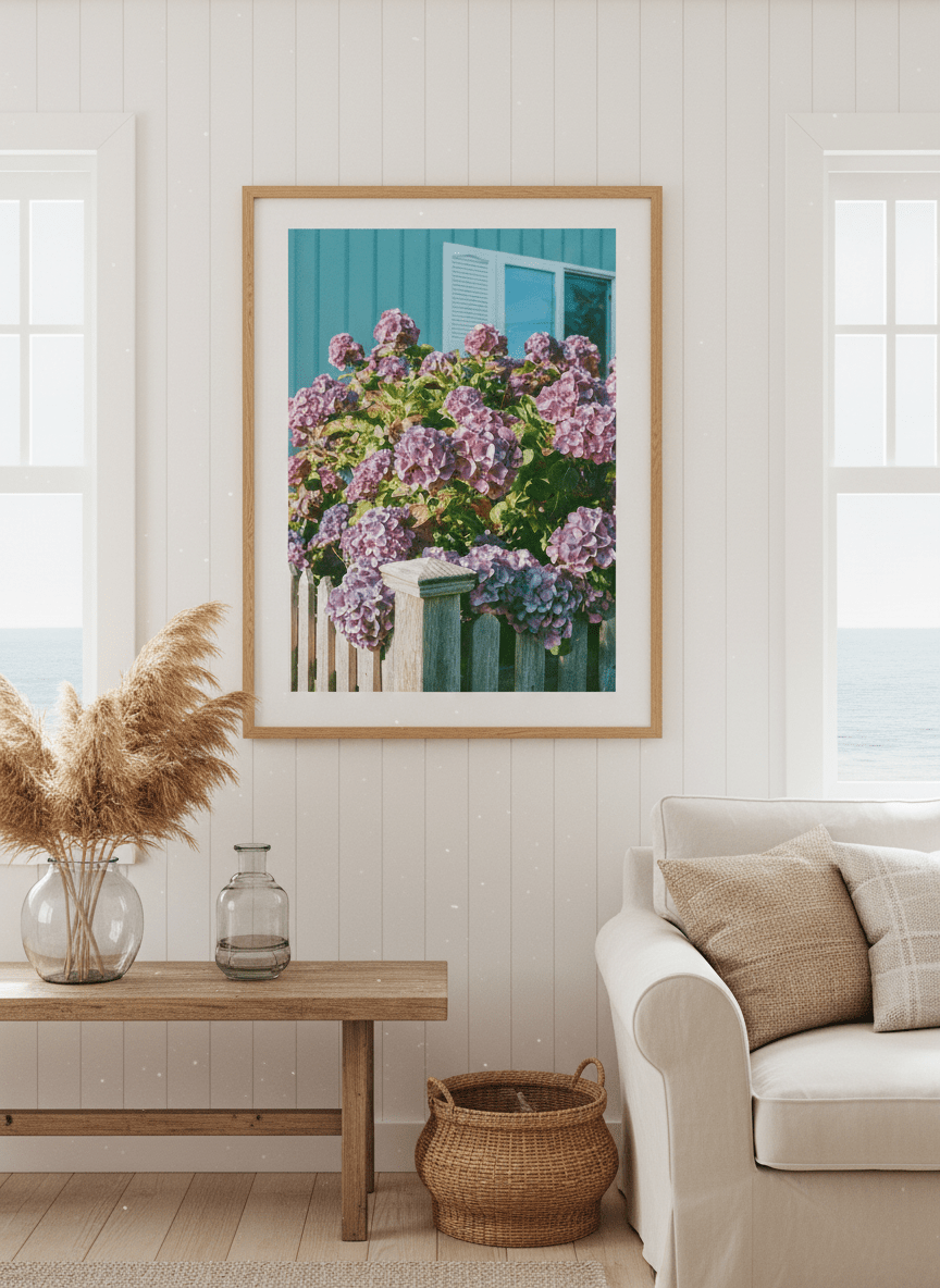 Neutral wall art displayed in a sunny coastal beach house