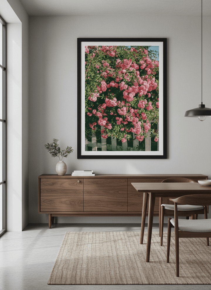 Wall art styled above a dining table in a contemporary home