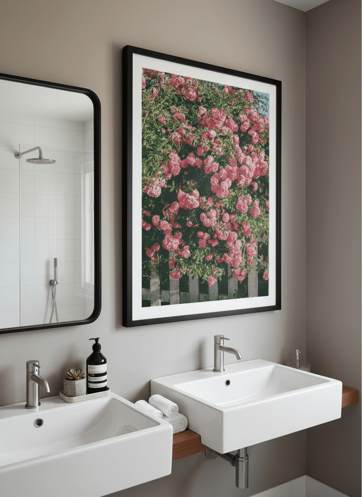 Modern print displayed in a clean minimalist bathroom setting