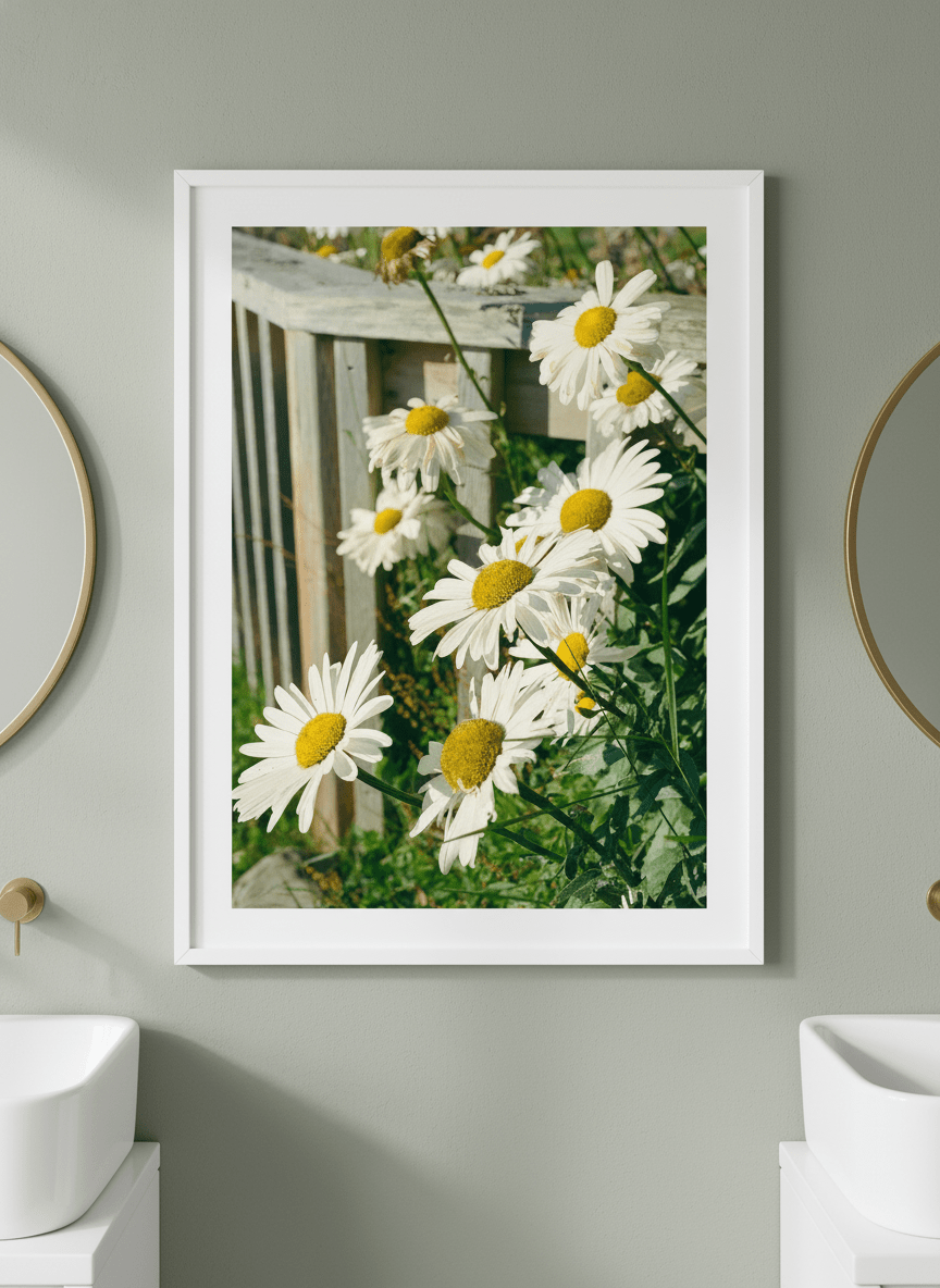 Modern print displayed in a clean minimalist bathroom setting