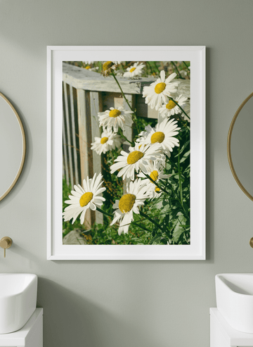 Modern print displayed in a clean minimalist bathroom setting