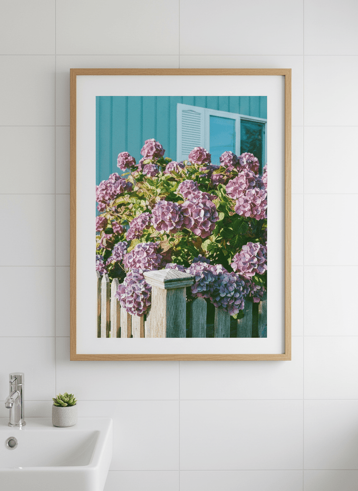 Modern print displayed in a clean minimalist bathroom setting