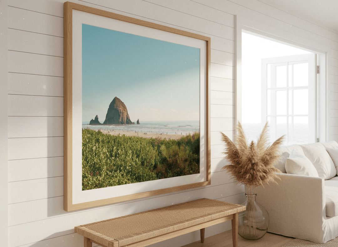 Neutral wall art displayed in a sunny coastal beach house