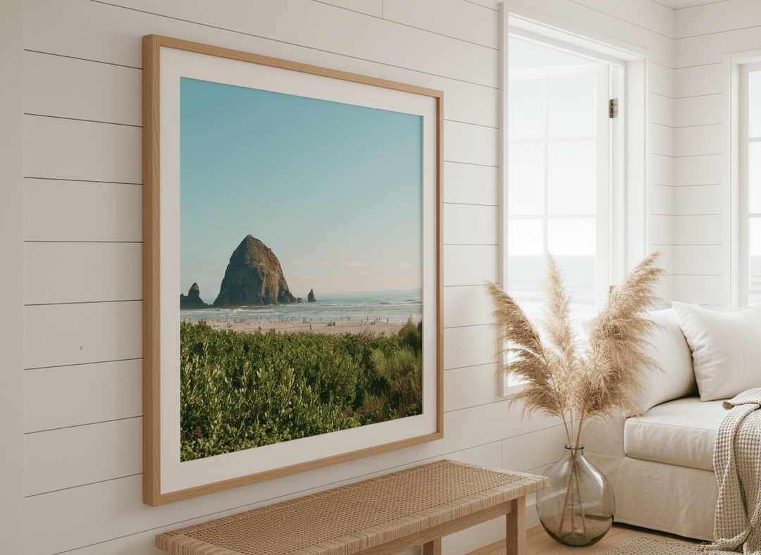 Neutral wall art displayed in a sunny coastal beach house