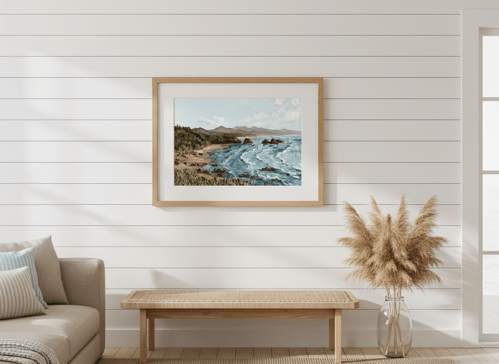 Neutral wall art displayed in a sunny coastal beach house