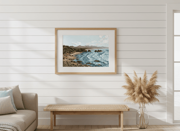 Neutral wall art displayed in a sunny coastal beach house