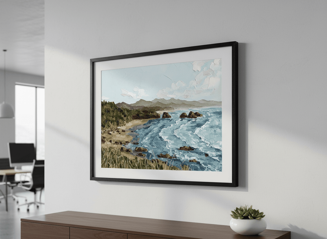 Contemporary wall art featured in a bright modern office workspace