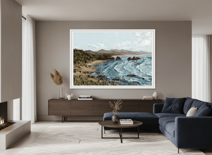 Monumental artwork centred on a feature wall in a luxe interior