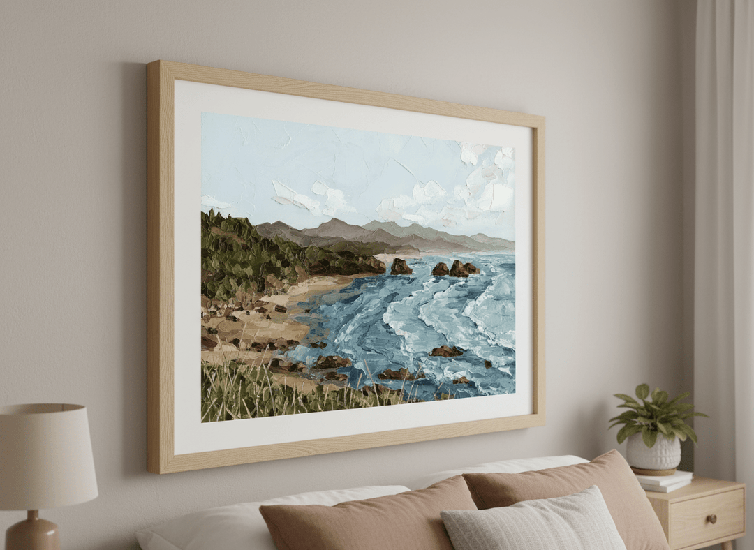 Minimalist artwork displayed in a calm, light-filled bedroom interior