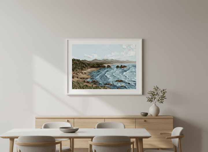 Wall art styled above a dining table in a contemporary home