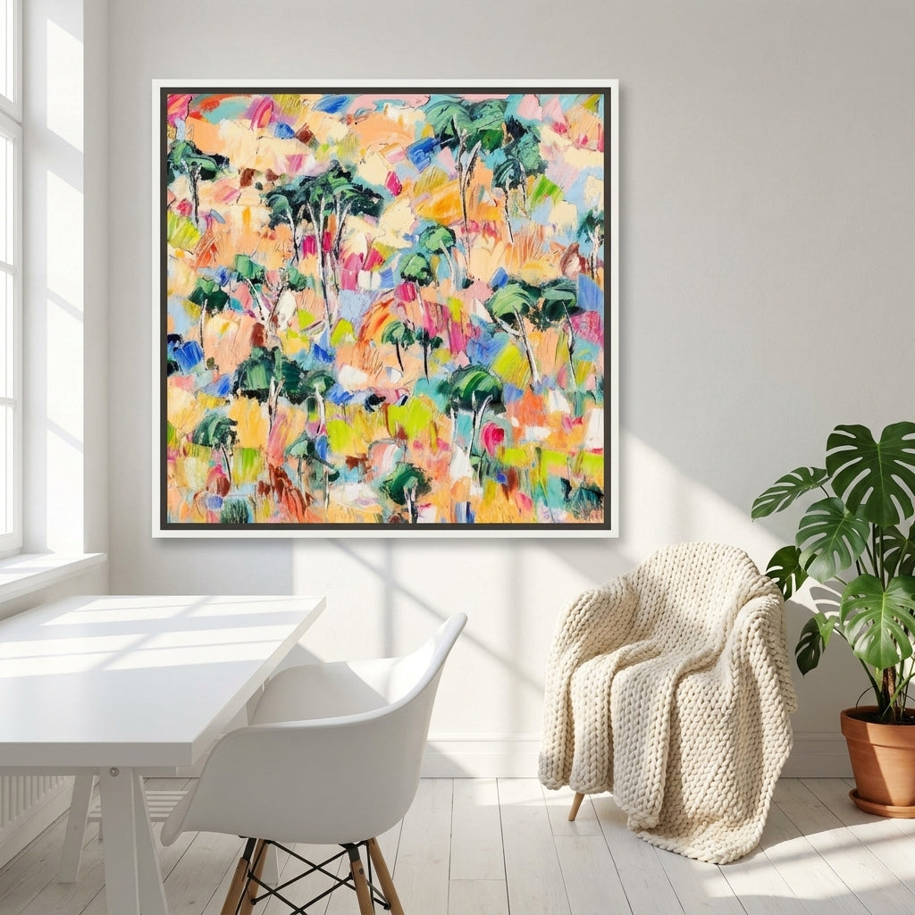 Canvas wall art with a white surround styled on the wall in a bright Scandinavian home office