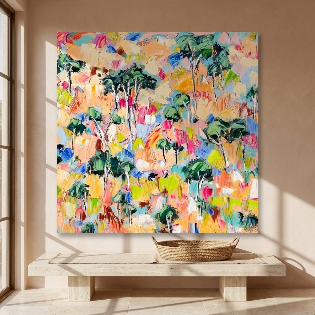 Stretched canvas wall art styled on the wall in a Mediterranean living room