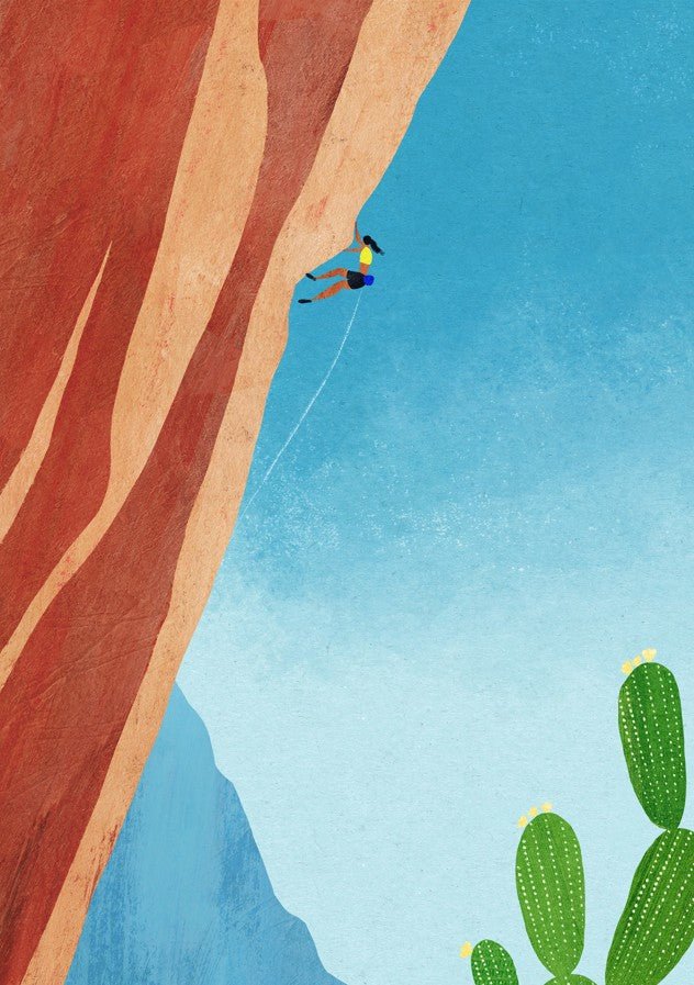 Girl climbing on the canyon with blue skies in the background.  framed