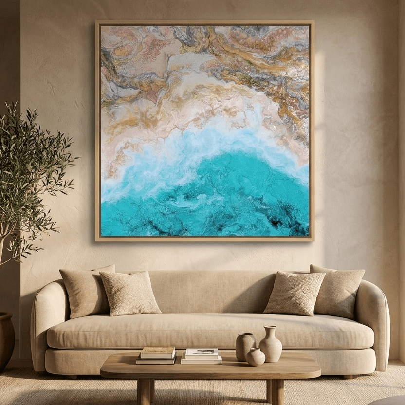 Oversized statement canvas wall art with a natural timber surround styled in a neutral living room