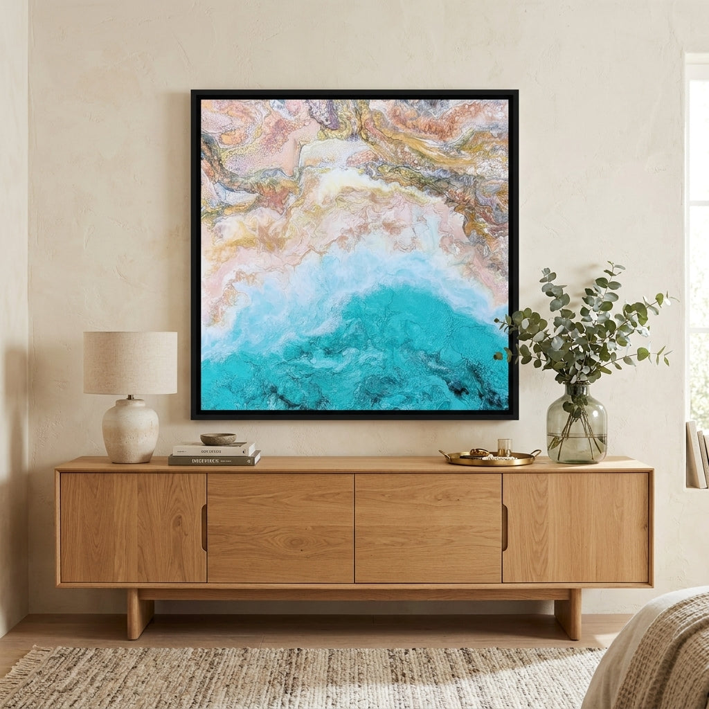 Canvas wall art with a black surround styled in a calm, light-filled bedroom