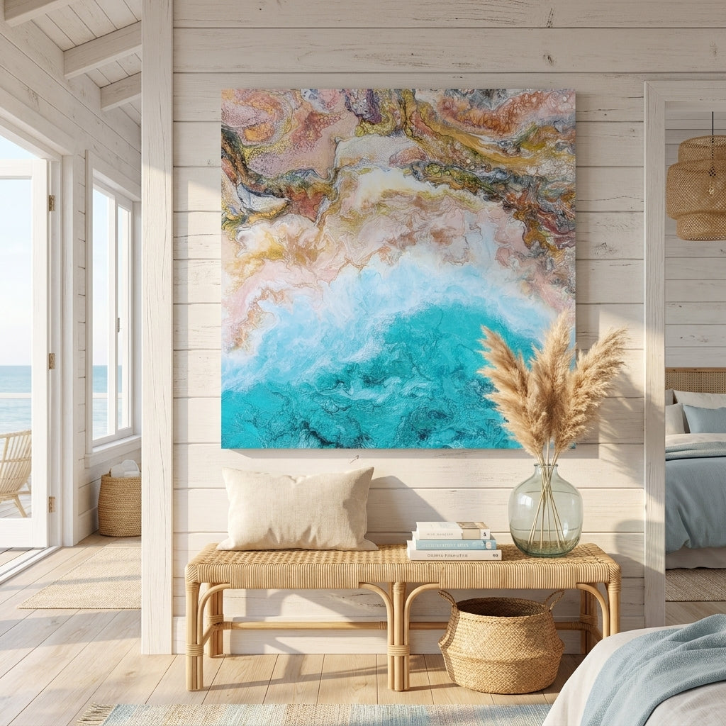 Stretched canvas wall art styled in a sunny coastal beach house