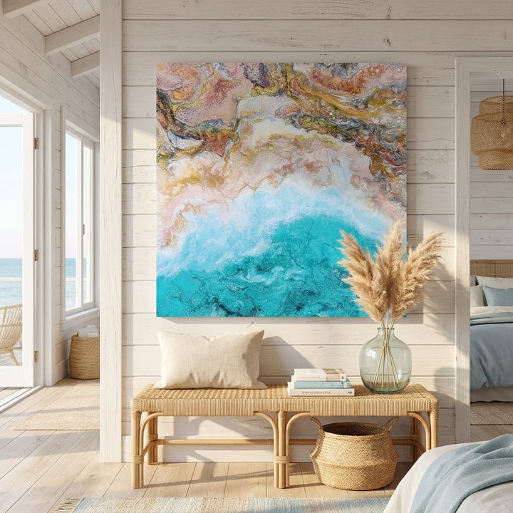 Stretched canvas wall art styled in a sunny coastal beach house