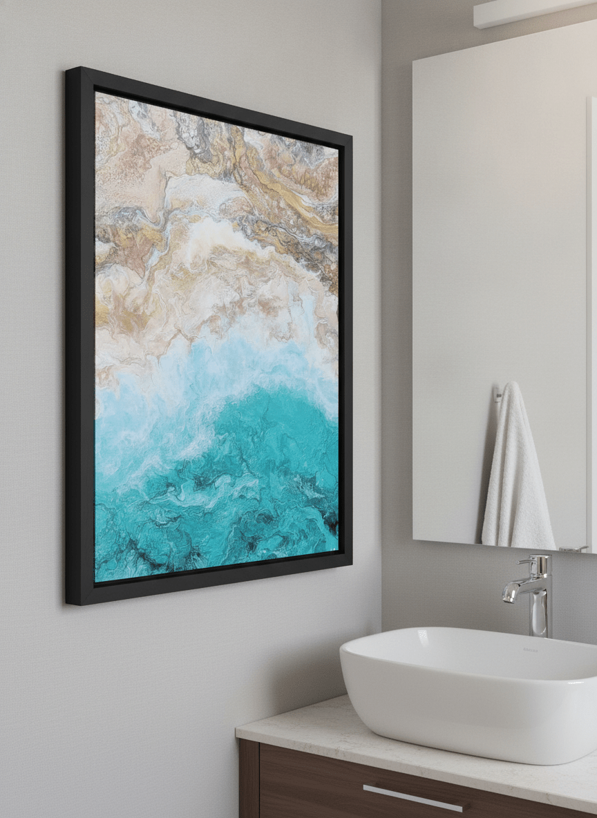 Modern print displayed in a clean minimalist bathroom setting