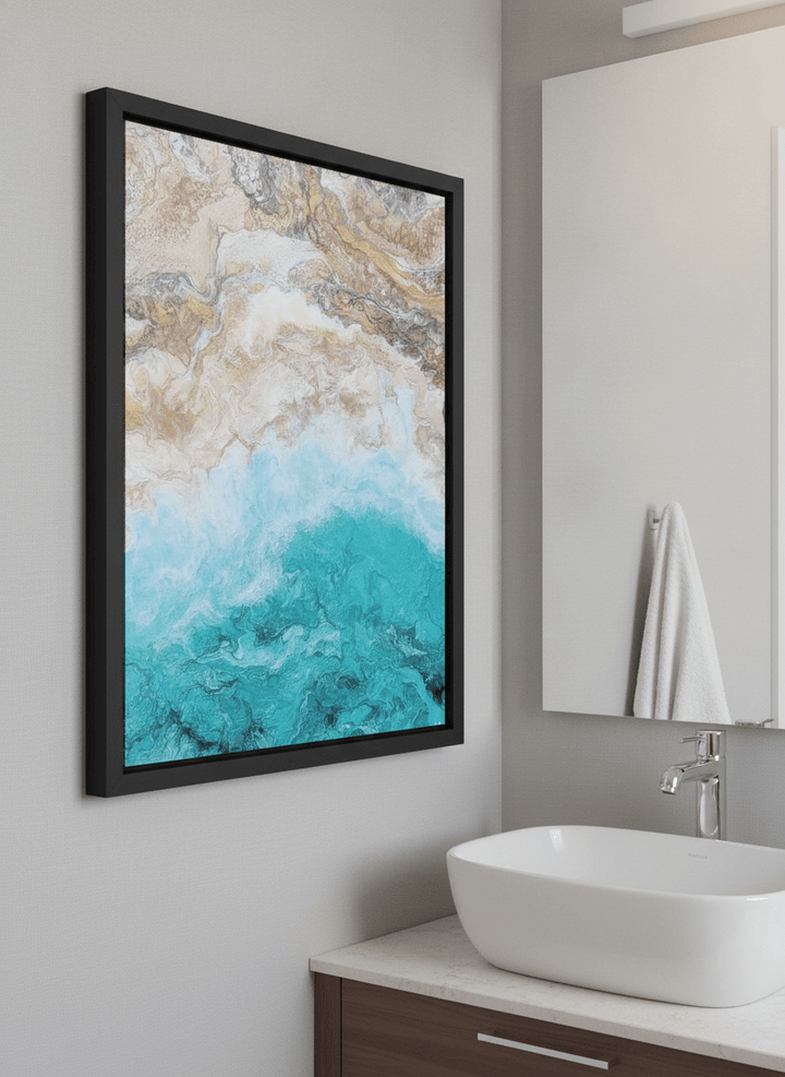 Modern print displayed in a clean minimalist bathroom setting