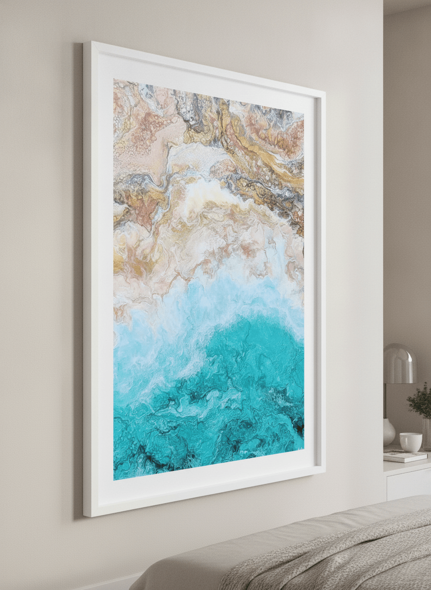 Minimalist artwork displayed in a calm, light-filled bedroom interior