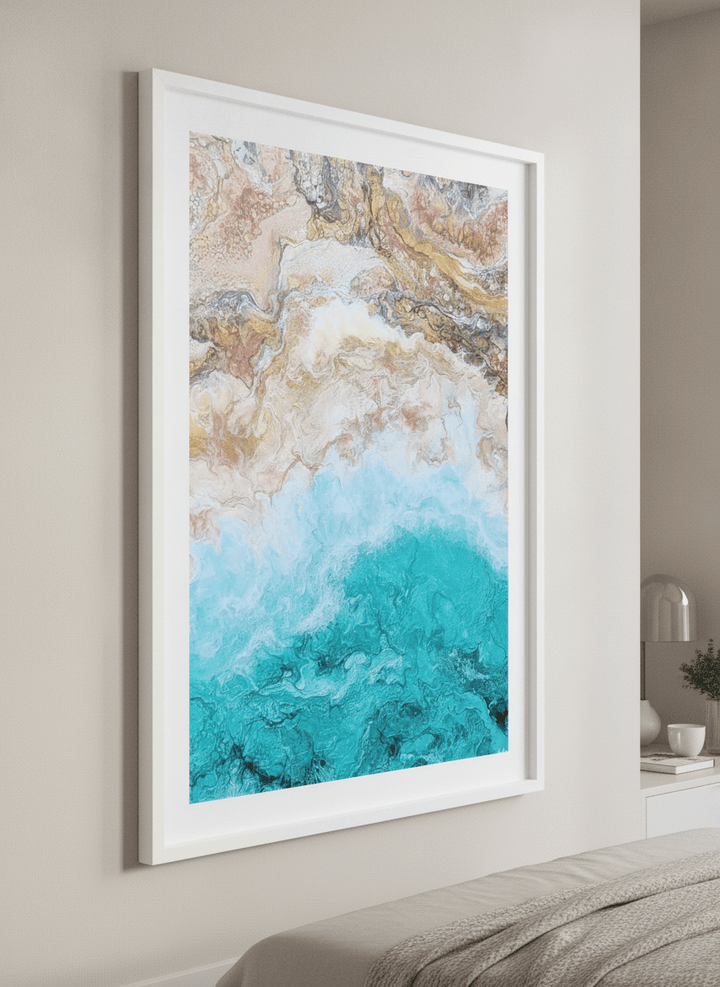 Minimalist artwork displayed in a calm, light-filled bedroom interior
