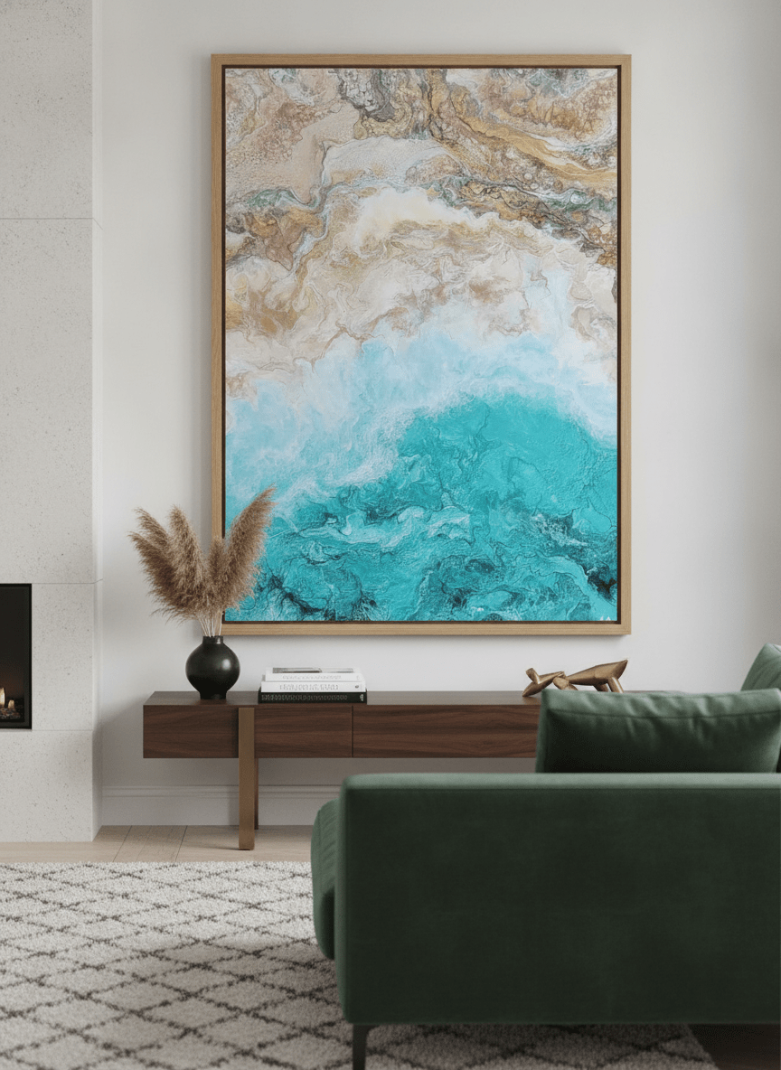 Monumental artwork centred on a feature wall in a luxe interior